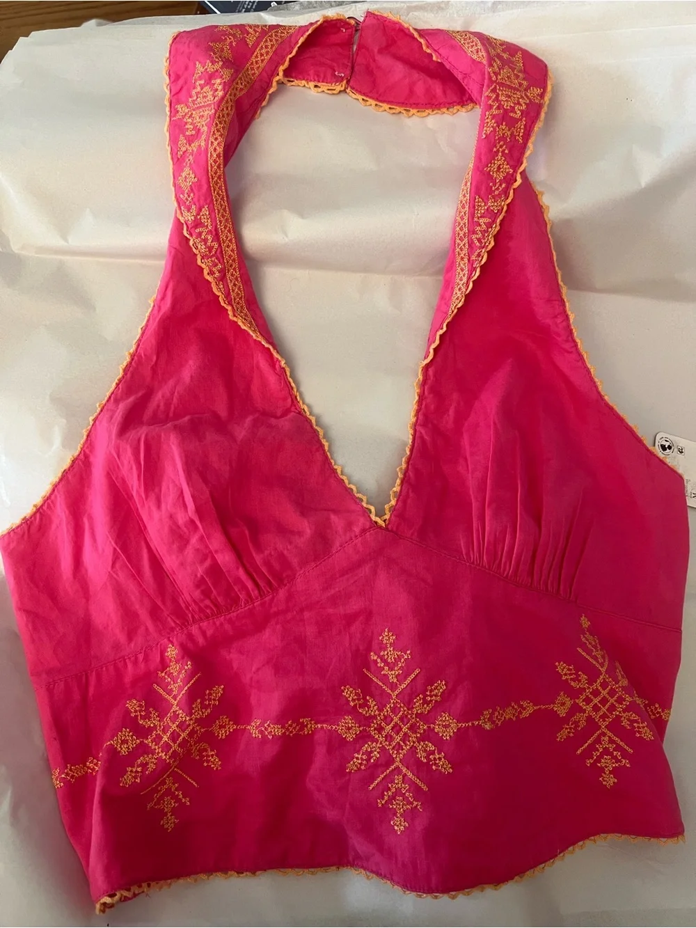 Free People Pink Halter Tank Top with Gold Embroidery